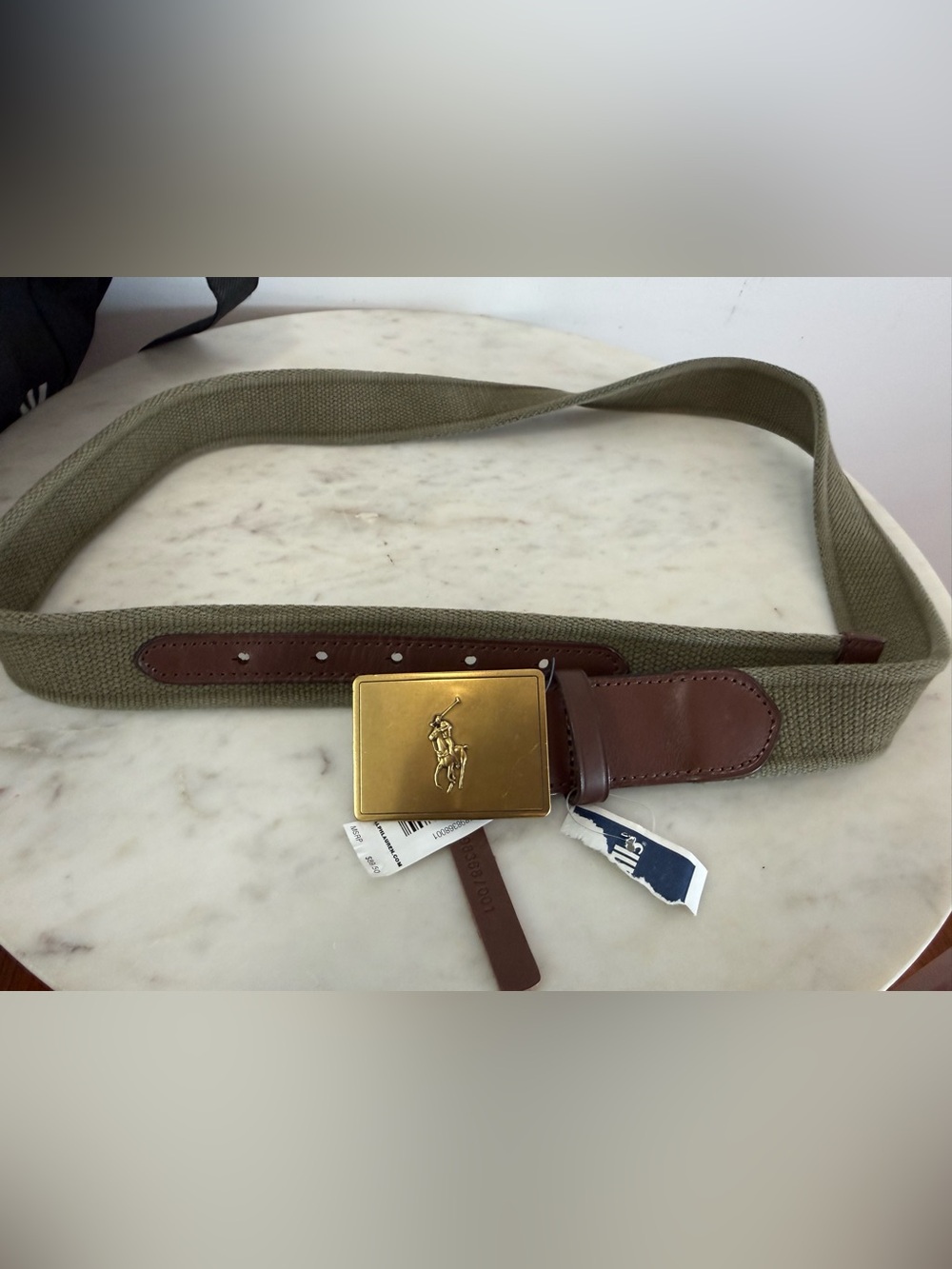 Polo RALPH LAUREN Belt Men's Pony Plaque Olive Green Canvas & Leather 34 NEW!